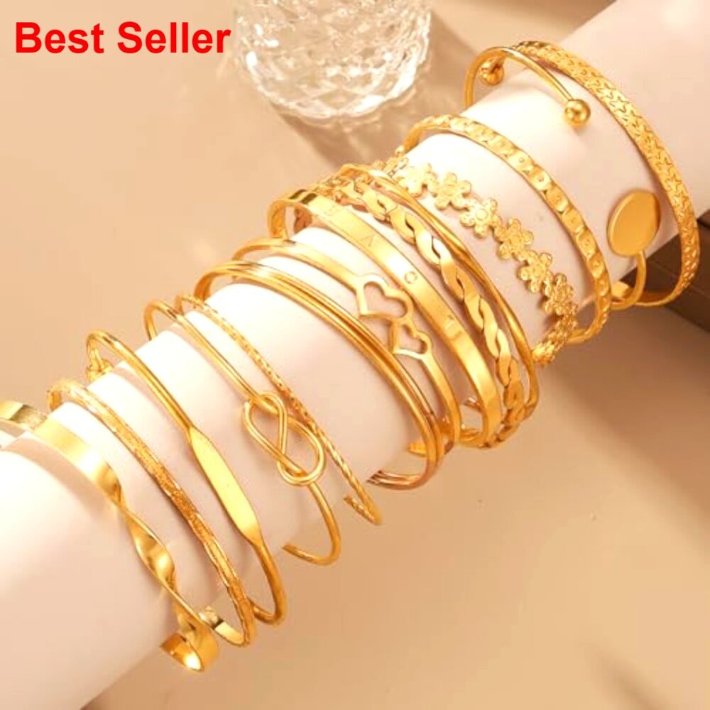 14k Gold Plated Bangle Bracelets Stackable Boho C… - image 3